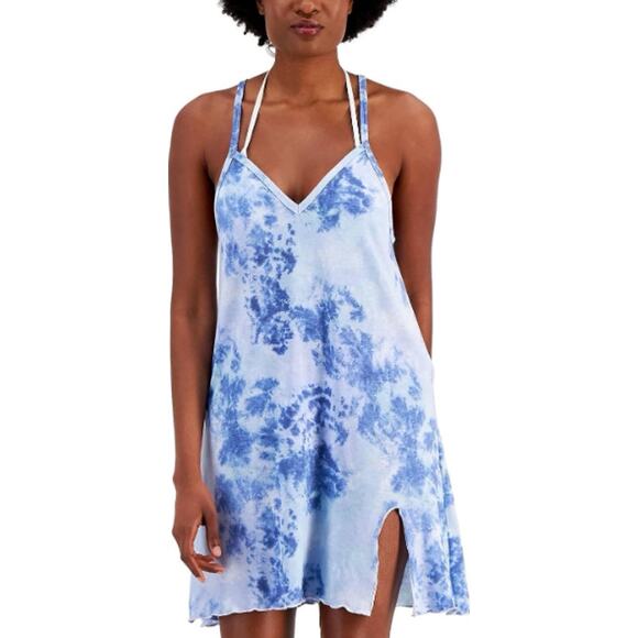 NEW Miken Swim Blue Tie Dye Cover up Dress Size Large V-Neck Swim Beach Mini - Picture 1 of 13
